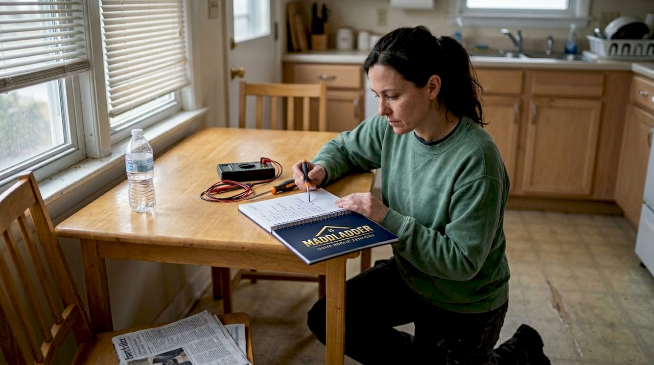 Woman prepares electrical repair tools at table