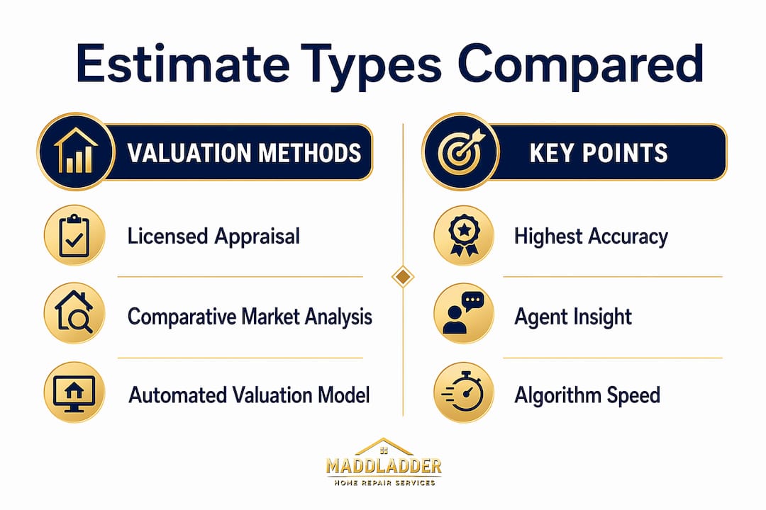 Infographic comparing home estimate types and key points