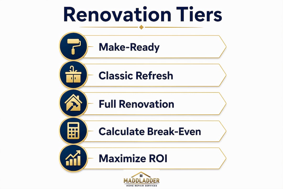 Infographic illustrating renovation tiers and break-even steps