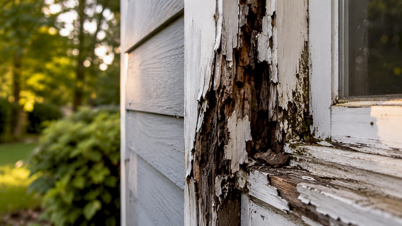 Close-up of water damaged wood trim