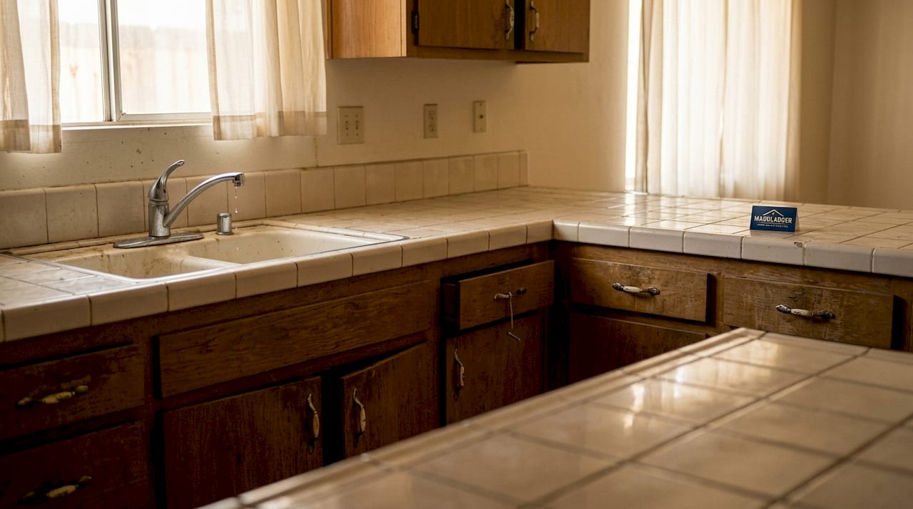Close-up of worn, outdated kitchen fixtures