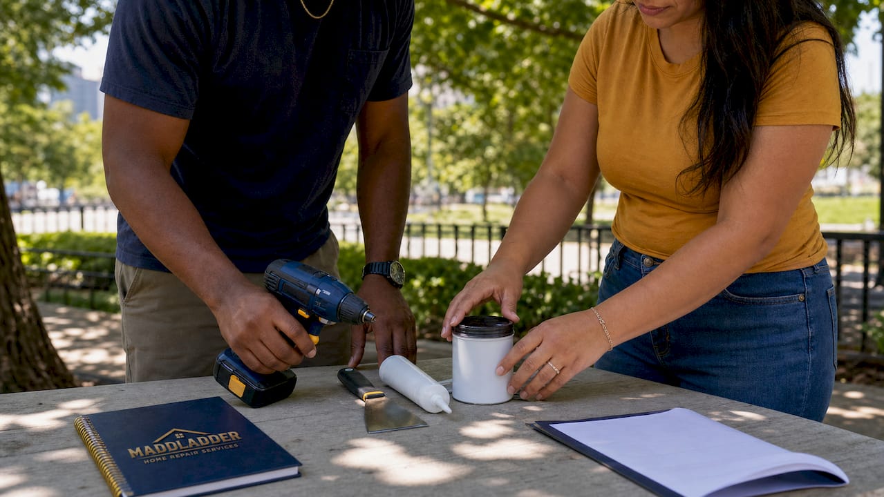 Hands organizing renter's toolkit on table