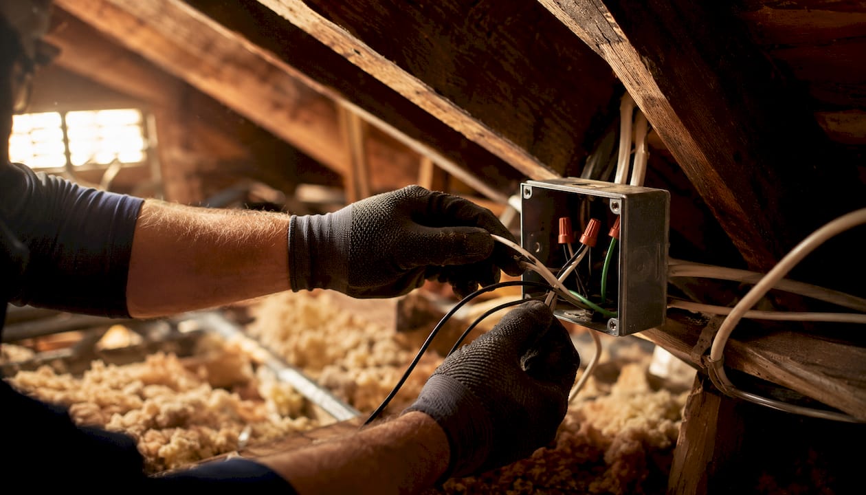 Hands inspecting electrical wiring in junction box