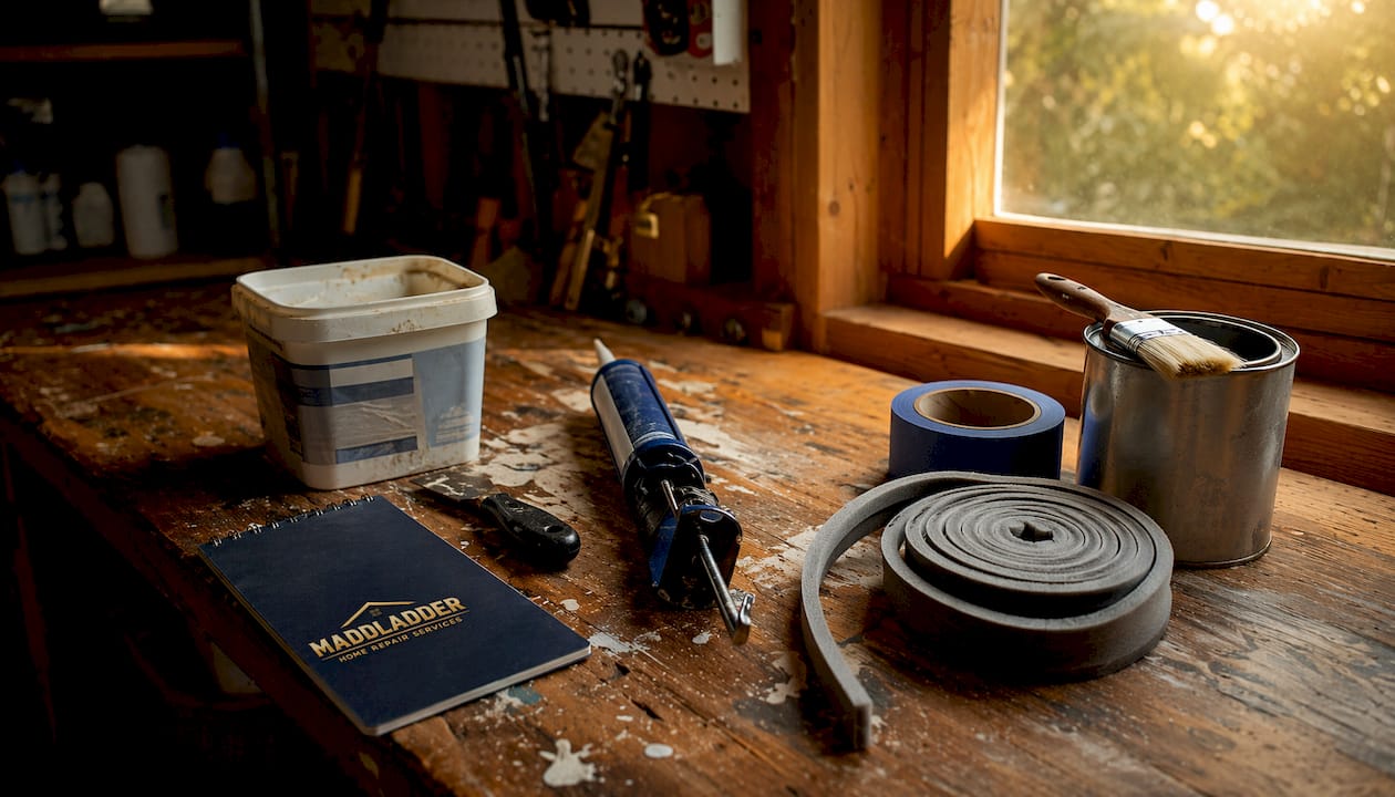 Close-up of home repair tools on workbench