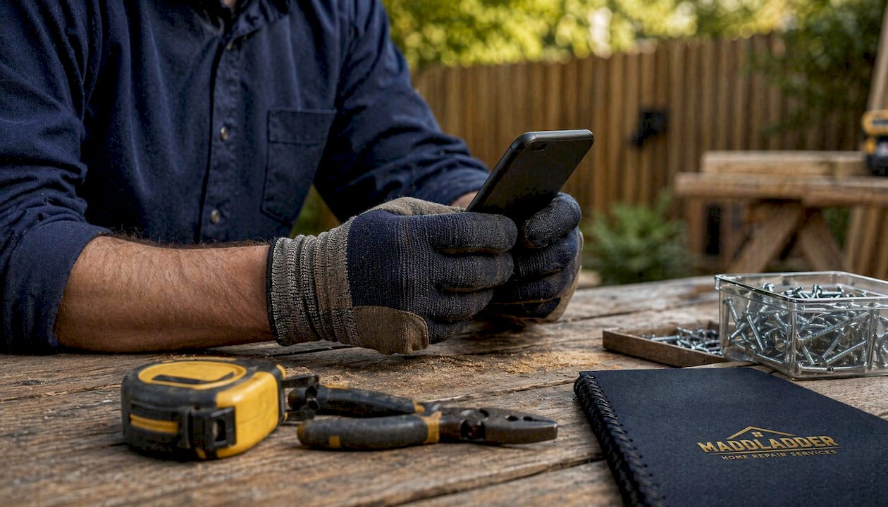 Handyman holding smartphone over tools in garage