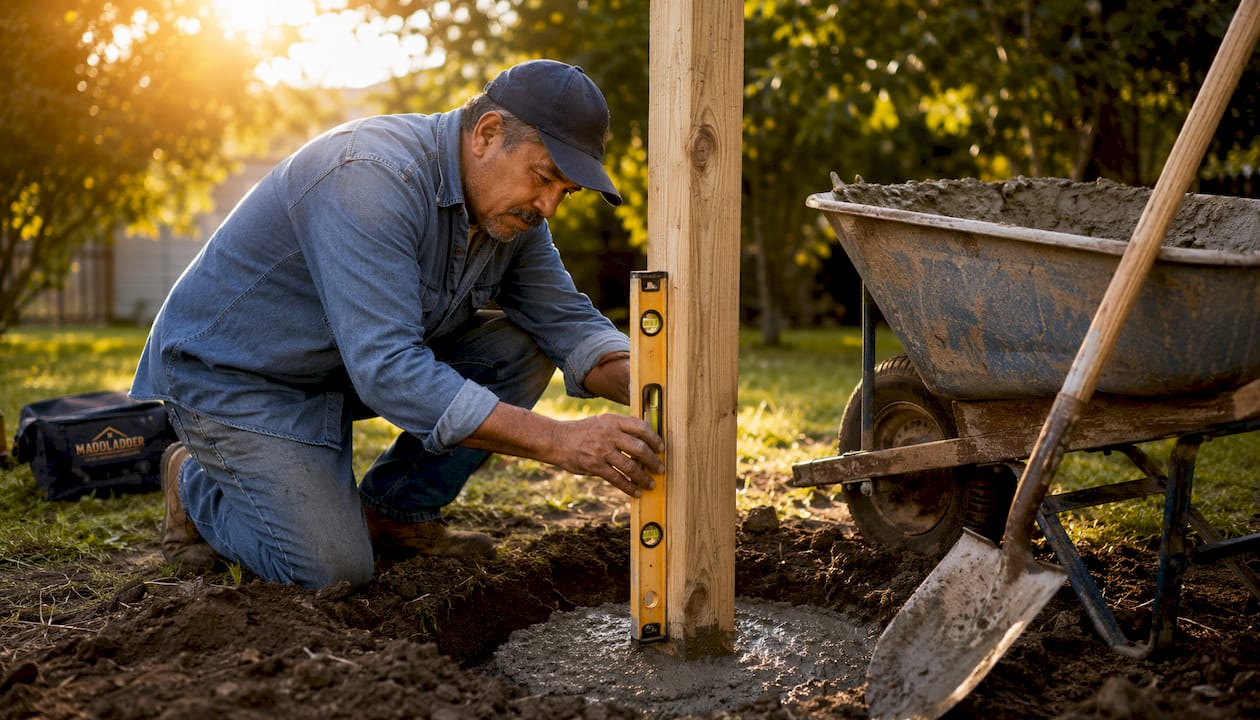Man leveling freshly concrete-set fence post outdoors