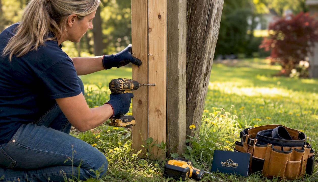 Hands drilling screws into sistered fence post outdoors