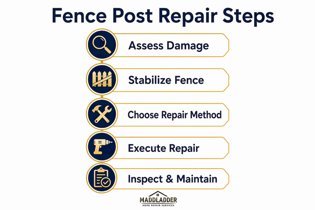 Infographic showing five key fence post repair steps