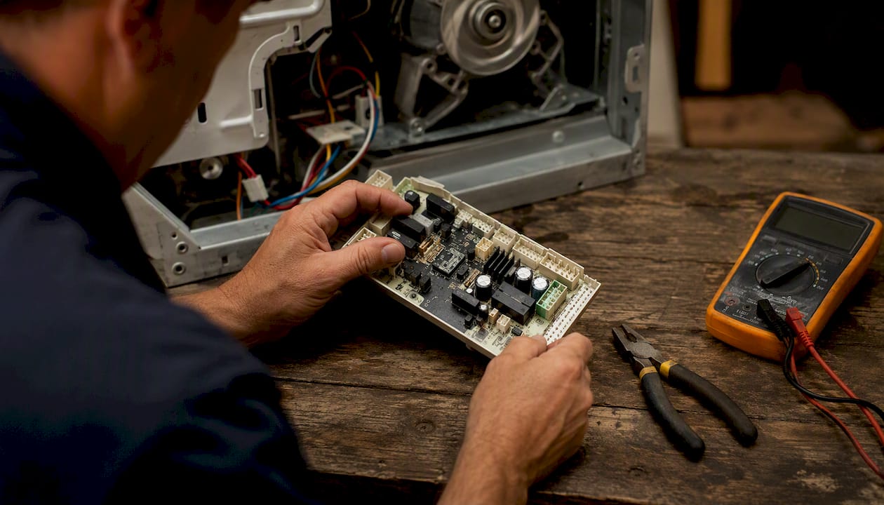 Hands repairing washer control board