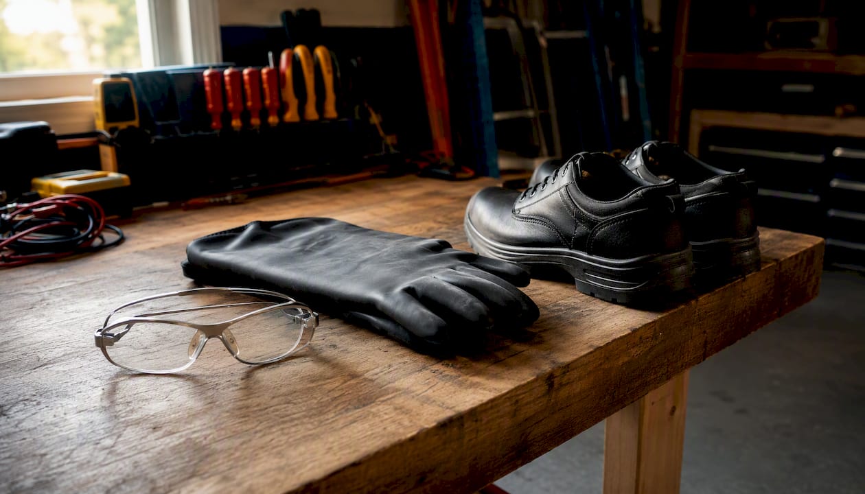Electrical safety glasses and gloves on bench