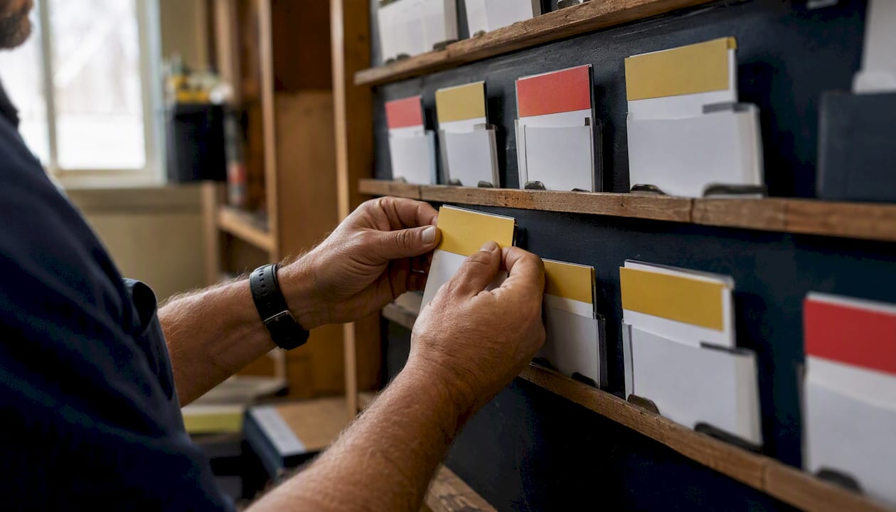 Hands tagging maintenance work orders by priority