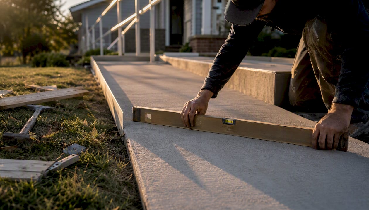 Hands measuring slope on accessibility ramp