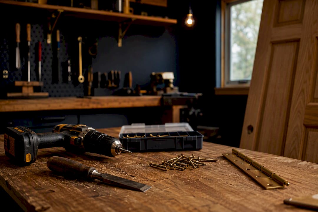 Tools and door parts ready for replacement