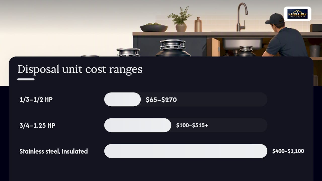 Garbage disposal unit cost comparison by horsepower and material