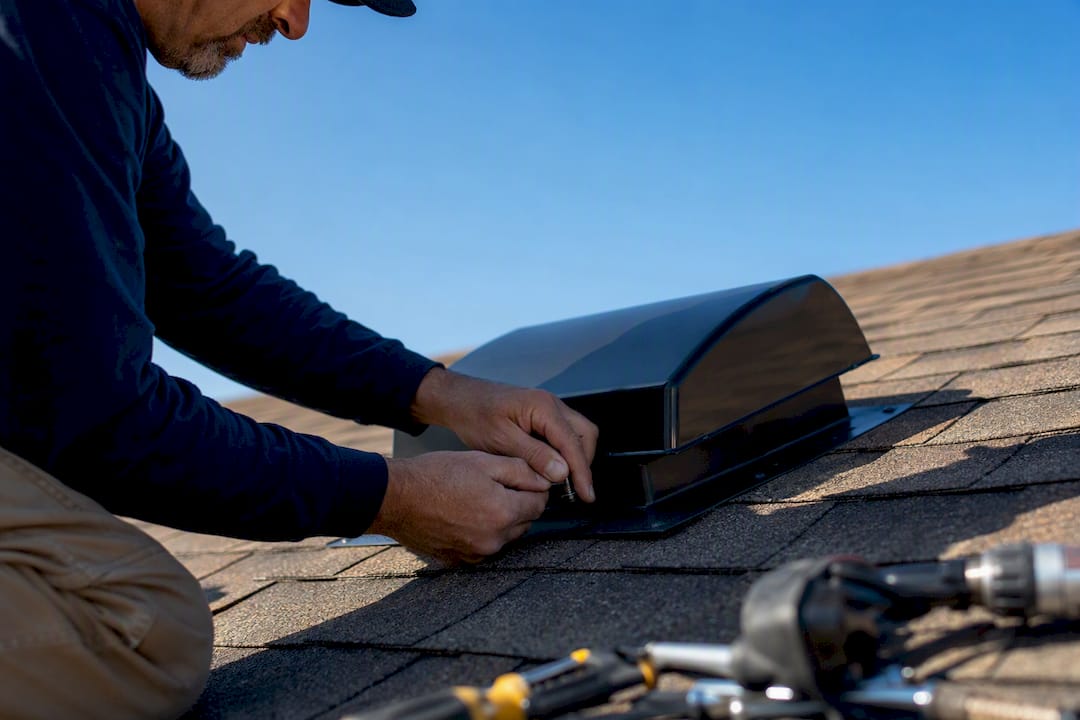 Hands installing roof vent cap on shingled roof