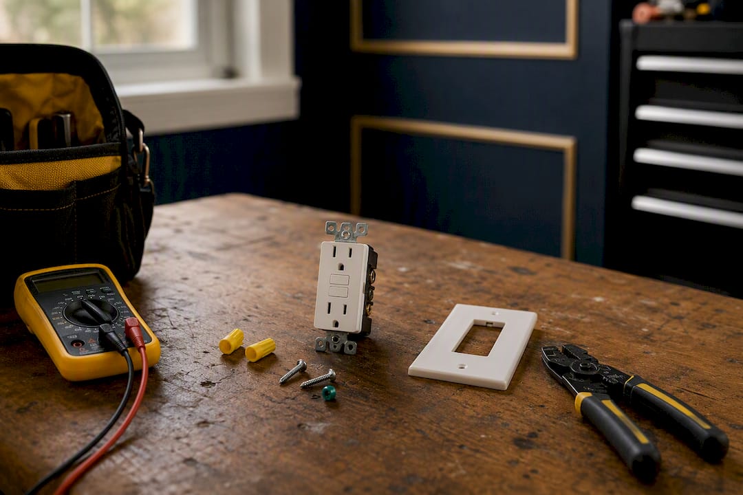 GFCI outlet components and tools on workbench