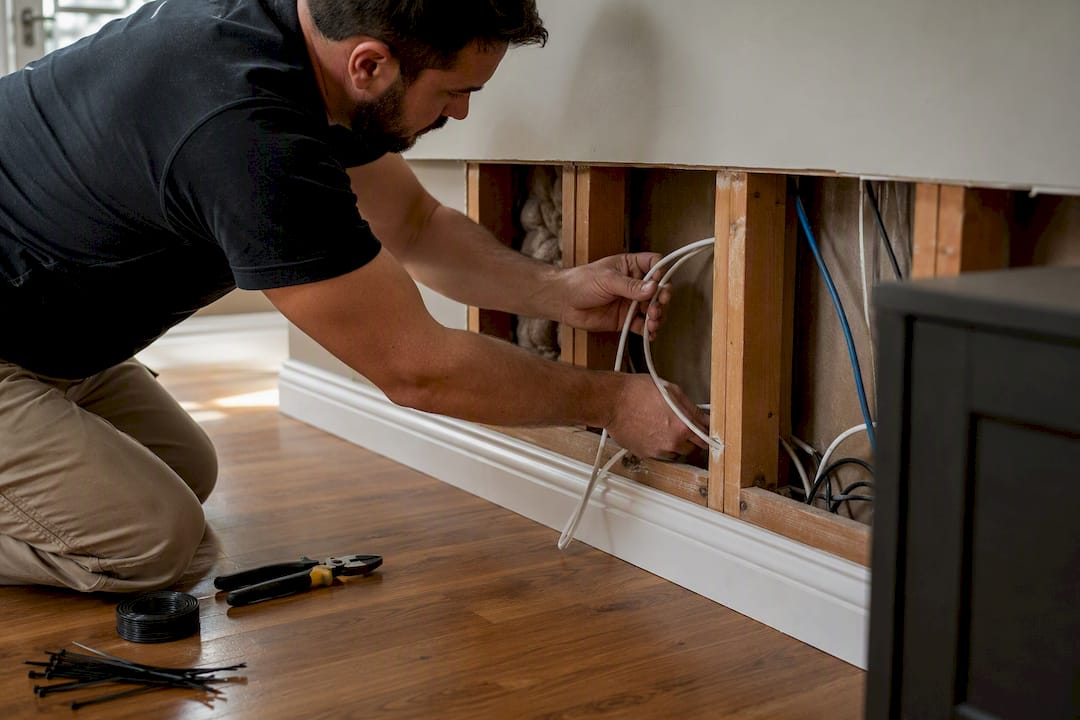 Hands installing in-wall rated wiring in residential wall cavity