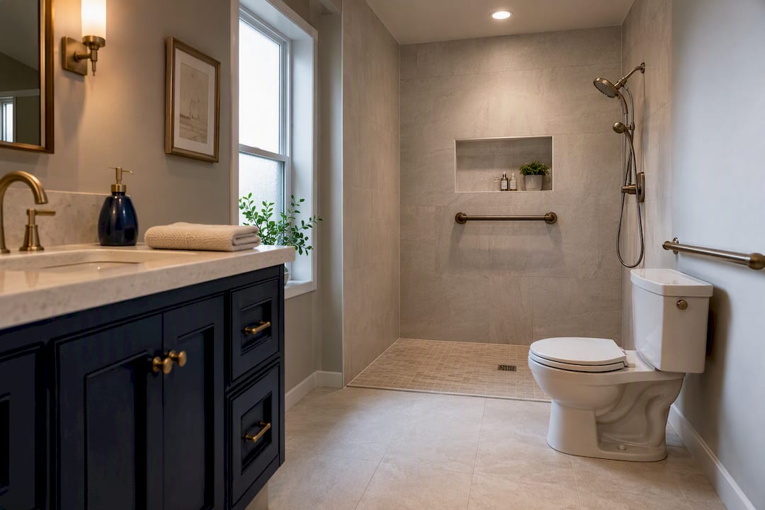 Curbless bathroom with grab bar and sprayer