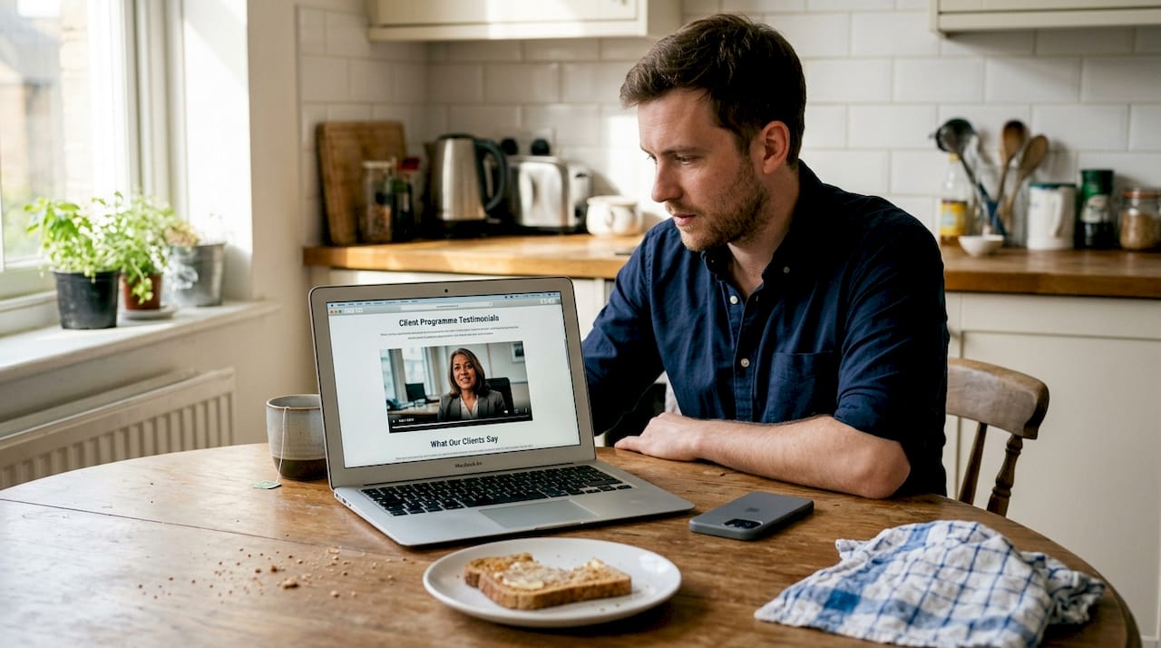 Man reading video testimonials on kitchen laptop