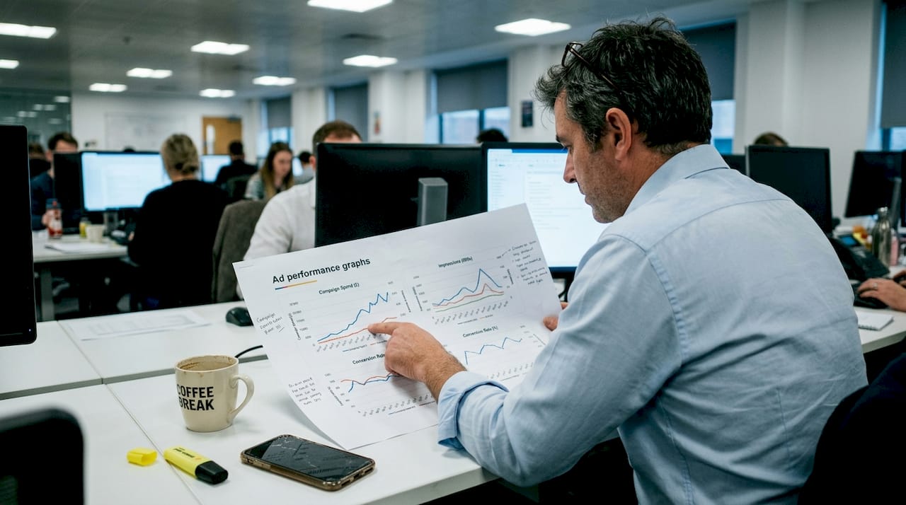 Analyst reviewing printed advertising graphs at desk