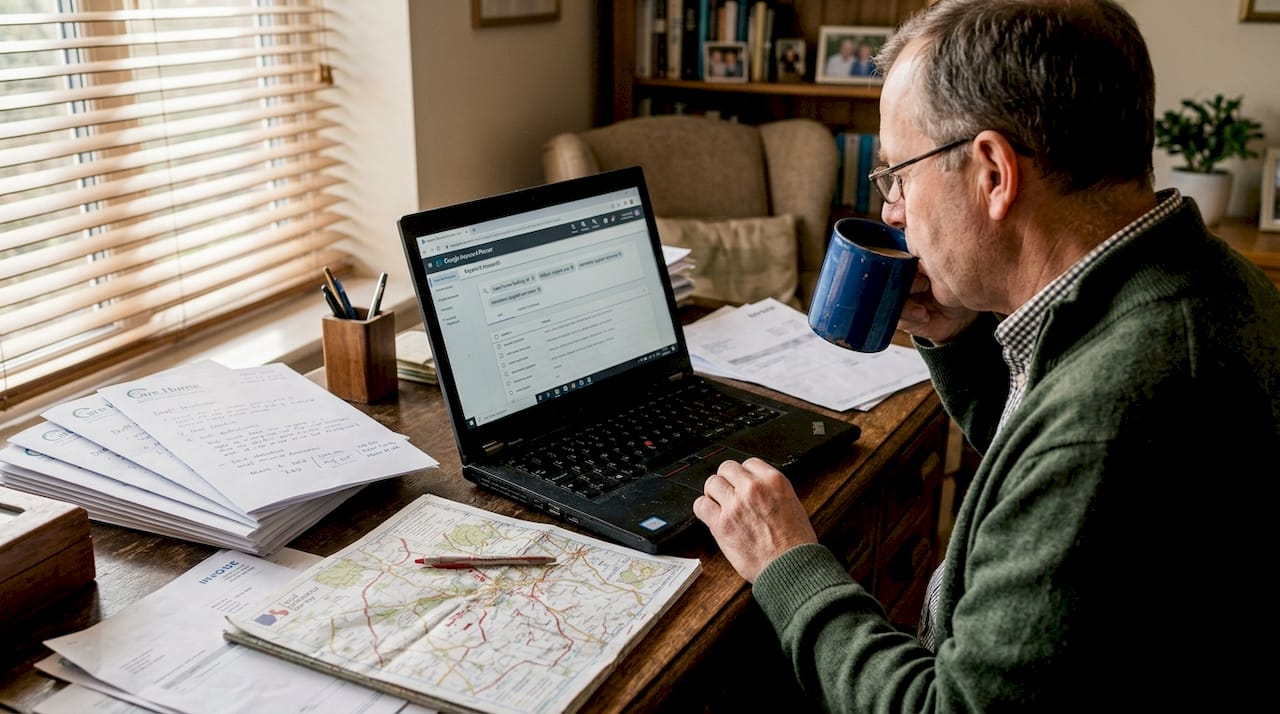 Owner doing keyword research at vintage desk