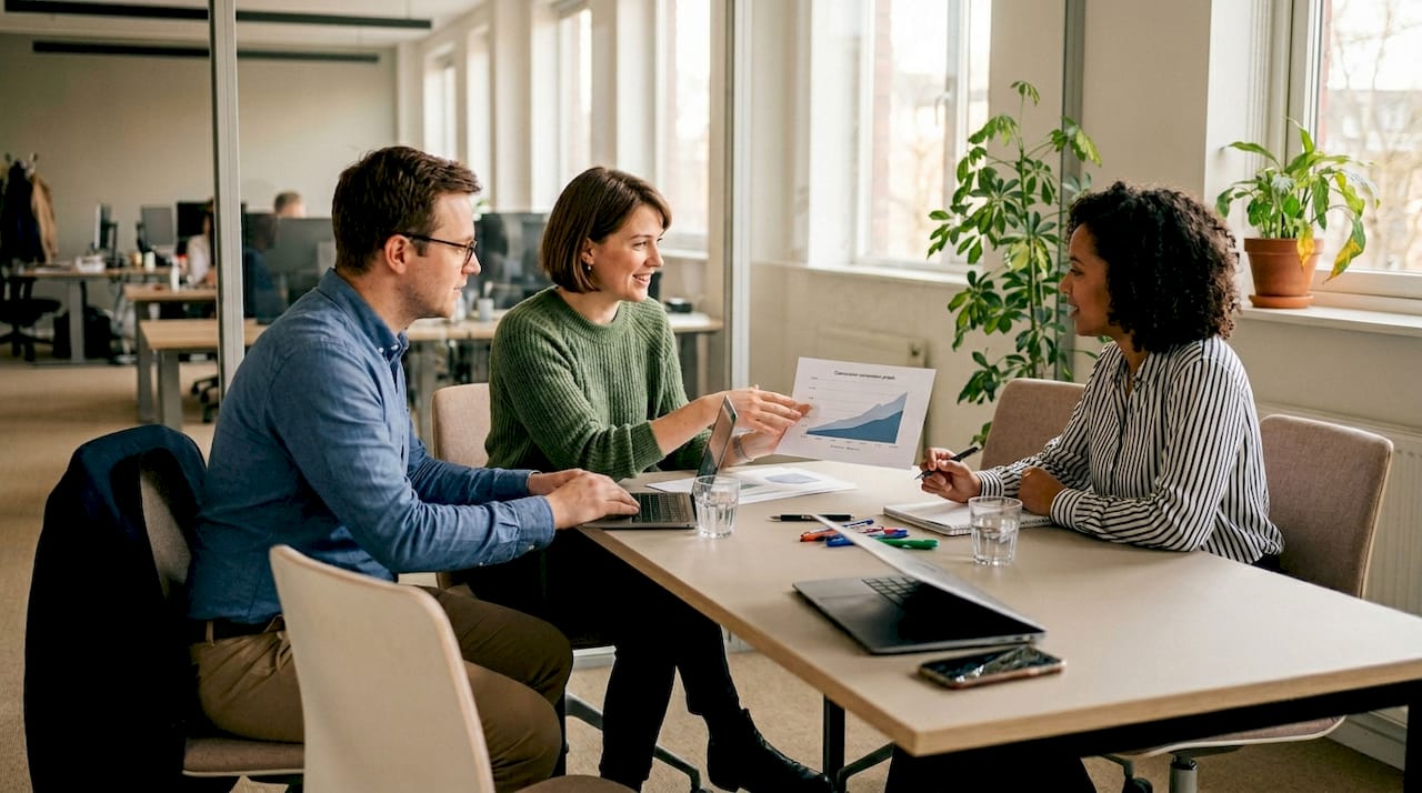 Three coworkers discussing conversion rate growth