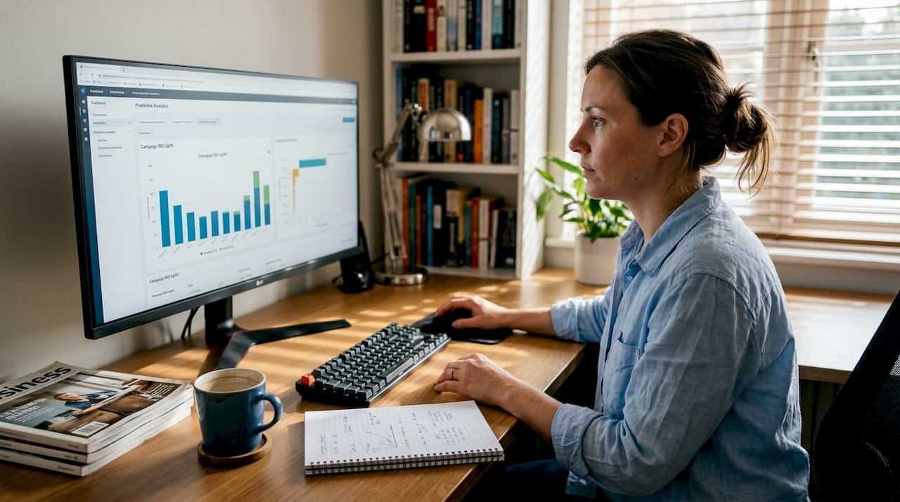 Professional reviewing AI marketing dashboard