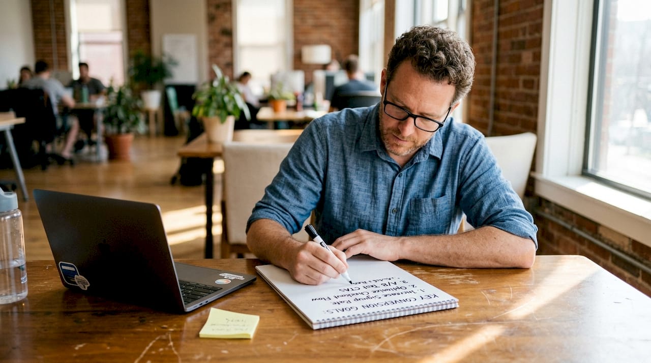 Man writing conversion goals in coworking space