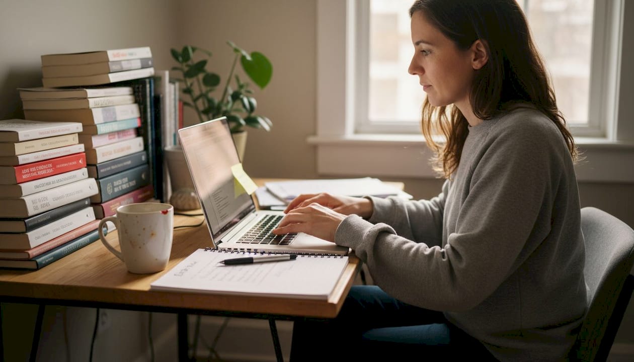 Content marketer working at home desk