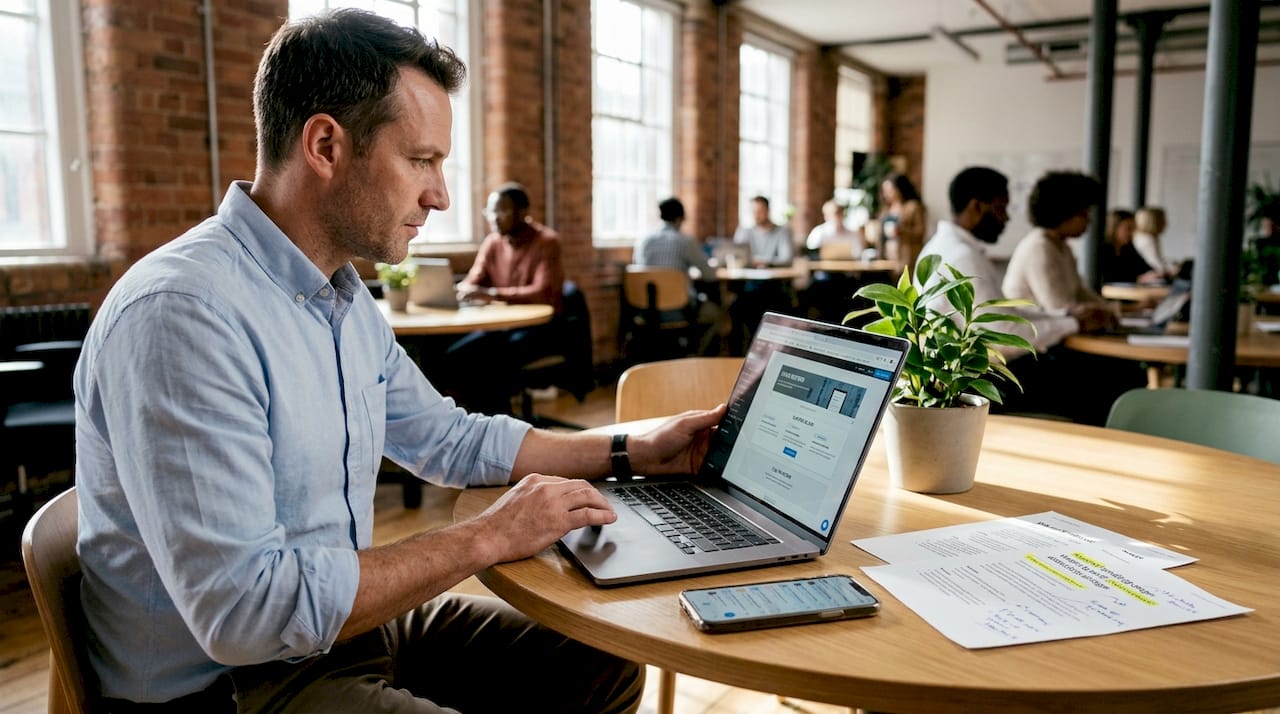 Man building landing page on laptop at coworking table