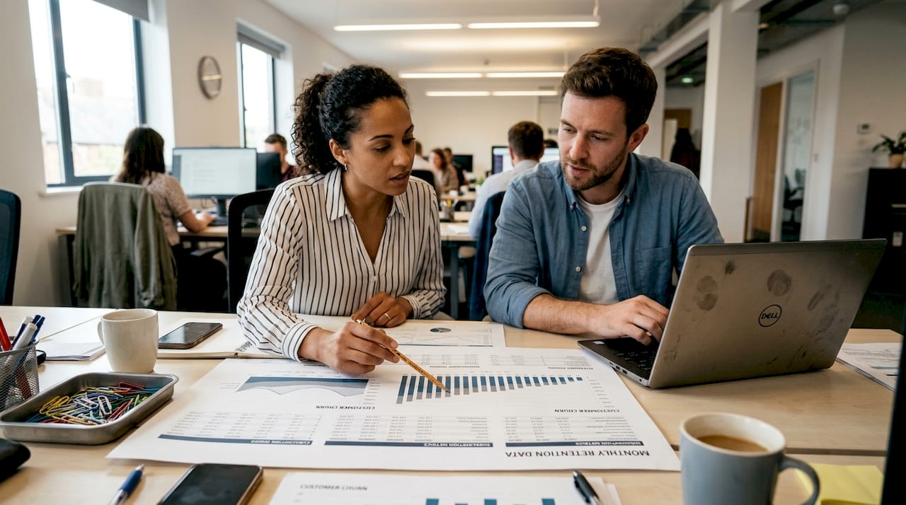 Analysts reviewing customer retention data at desk