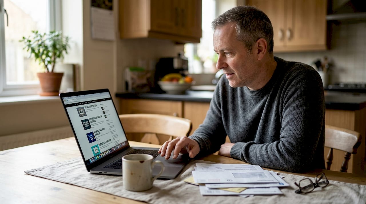 Man researches SEO trends at kitchen table