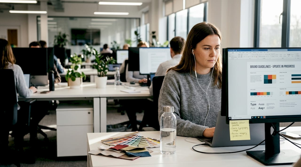 Professional updating brand guidelines on screen