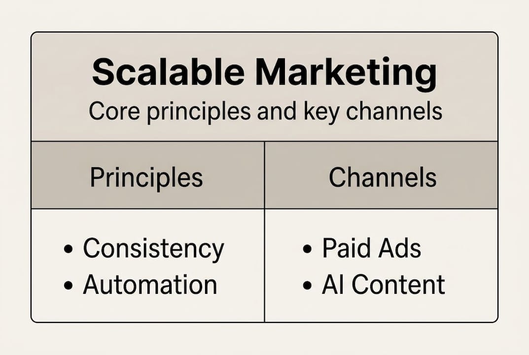 Infographic showing scalable marketing principles and channels