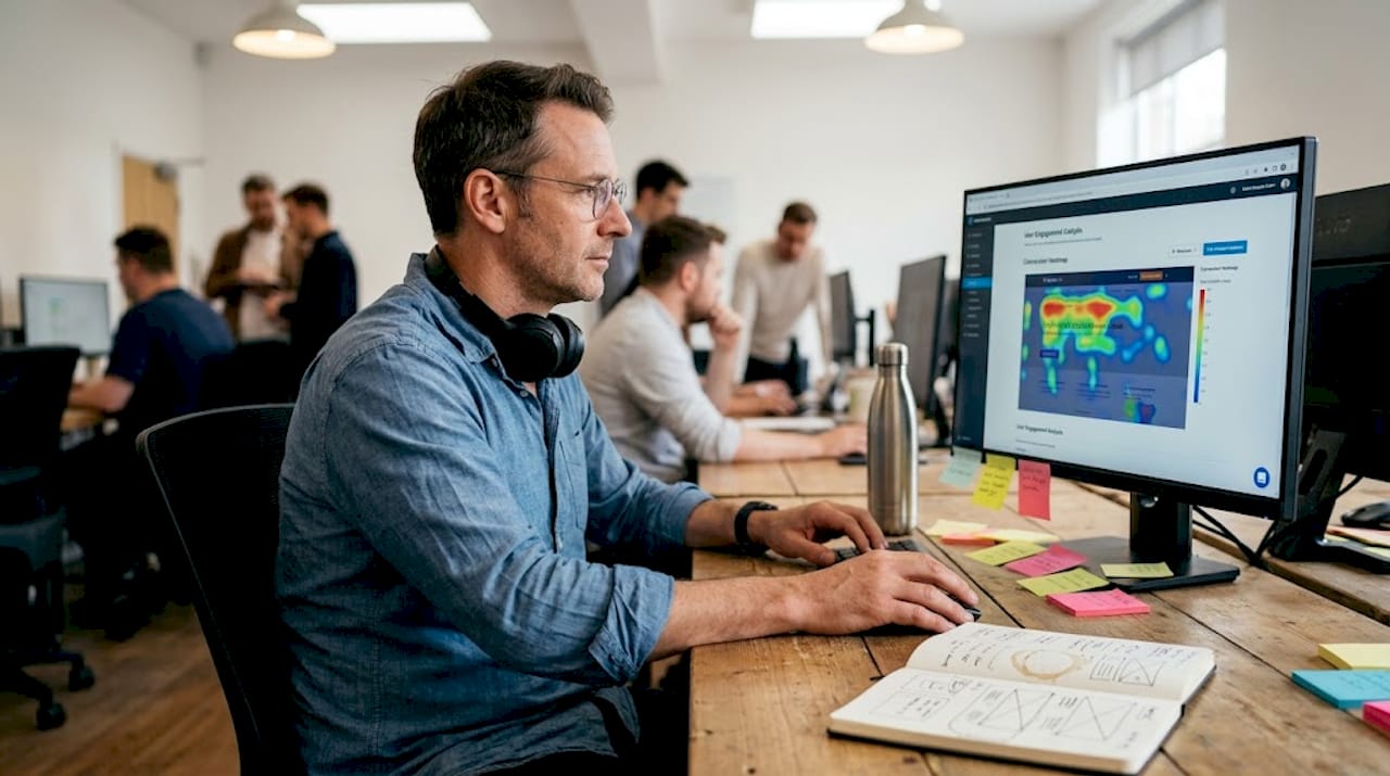 Designer viewing website heatmap at office table