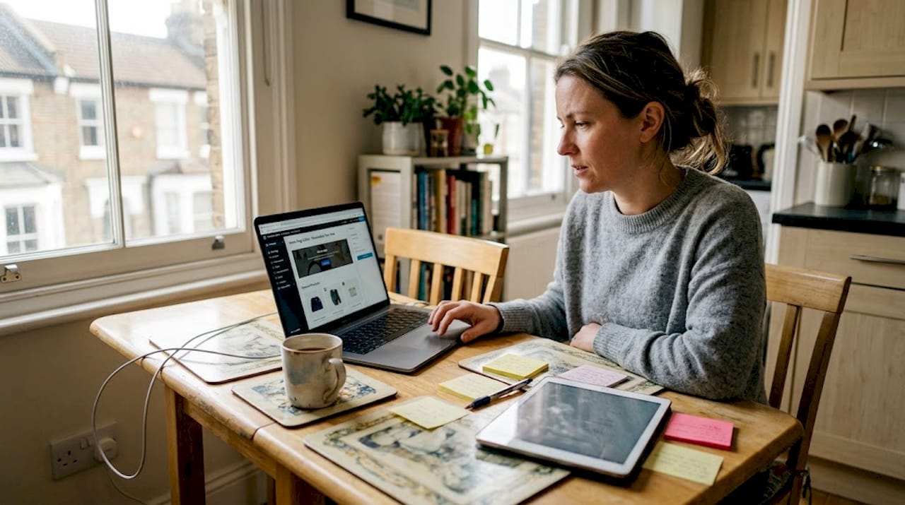Woman personalising website at kitchen workspace