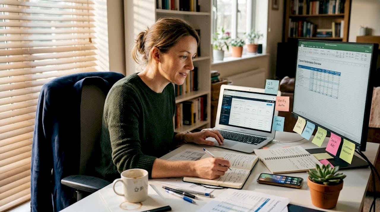 Marketer coordinating advertising channels from desk