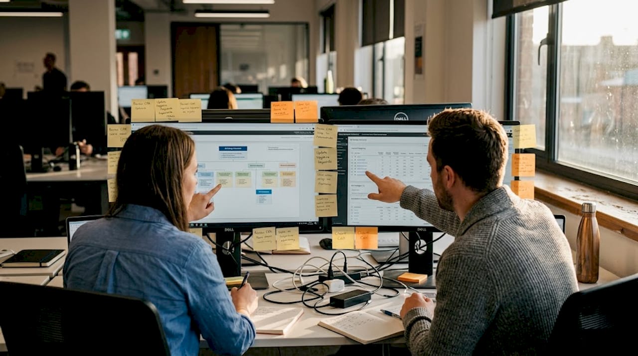 Marketers discussing structured campaign setup