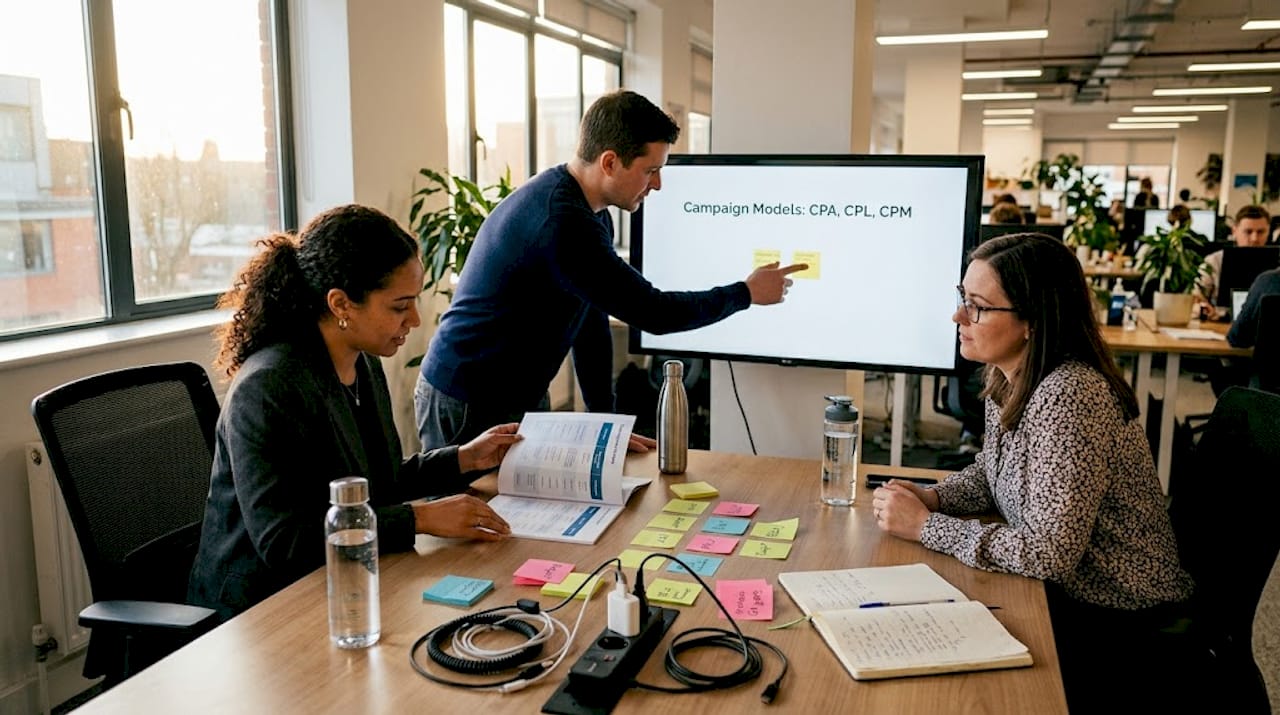 Team discussing ad payment models