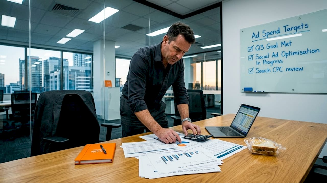Manager reviews ad budgets at conference table