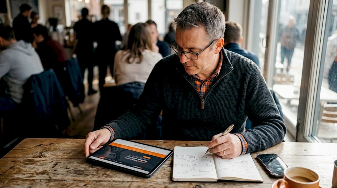 Man reviewing website navigation in café