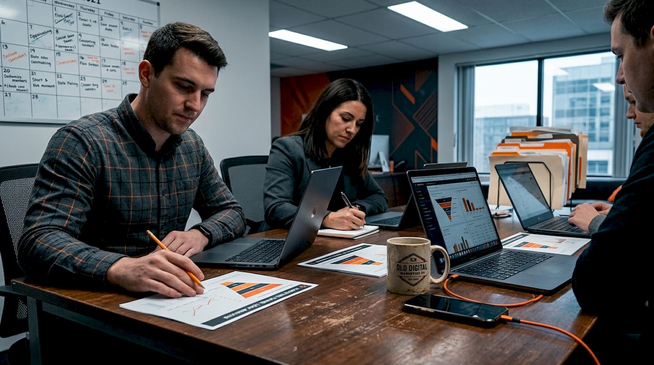 Team reviews funnel performance charts