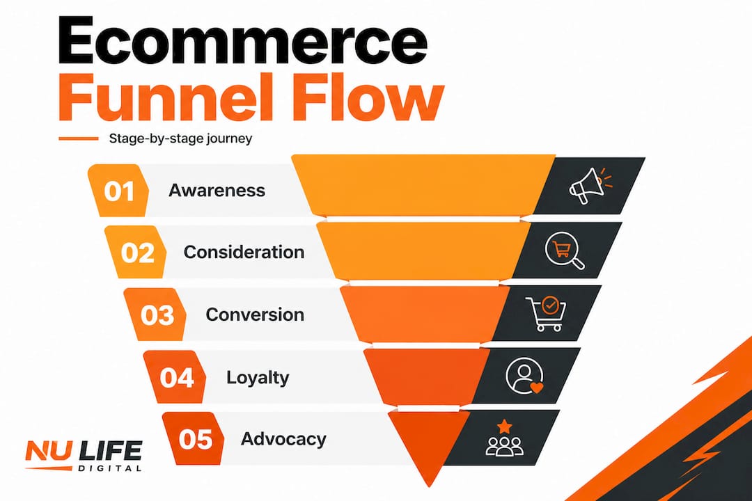Vertical infographic of ecommerce funnel stages