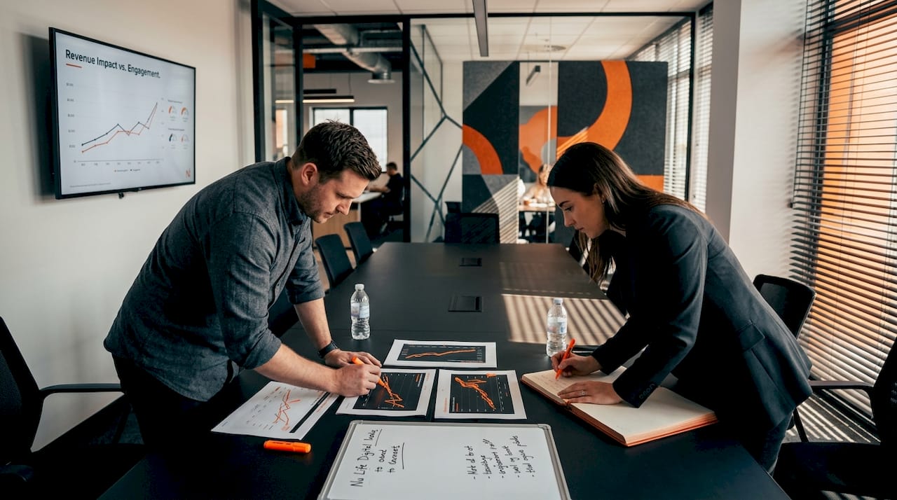 Team reviews printed marketing metrics in workspace