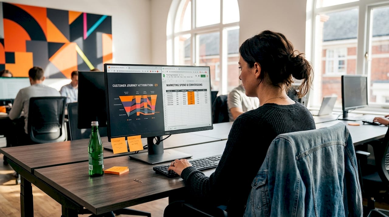 Marketer focuses on campaign data at coworking desk