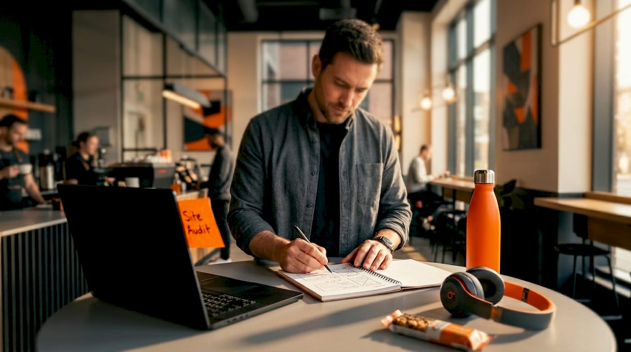 Web designer auditing site with checklists and notes