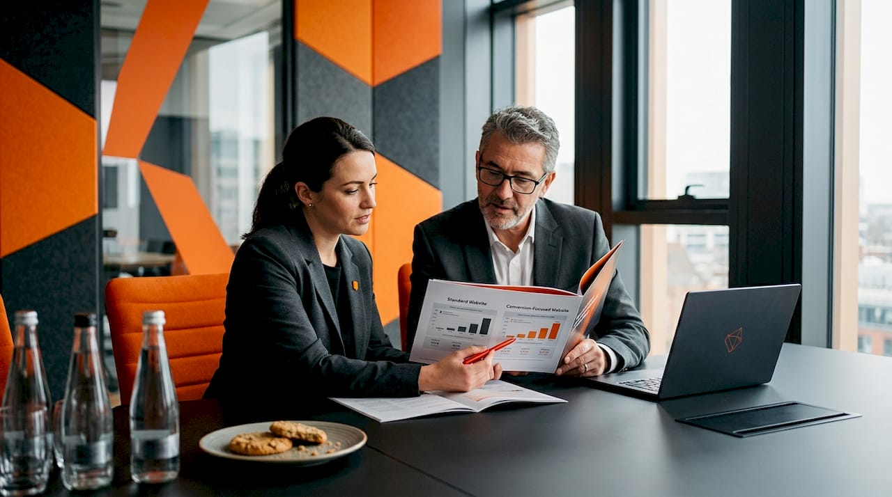 Colleagues compare website results in meeting room