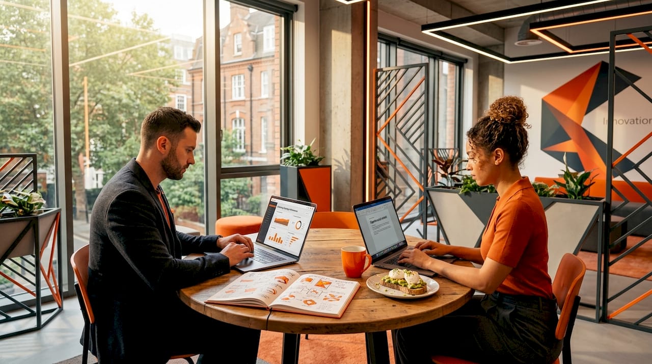 Marketing team collaborating in modern office