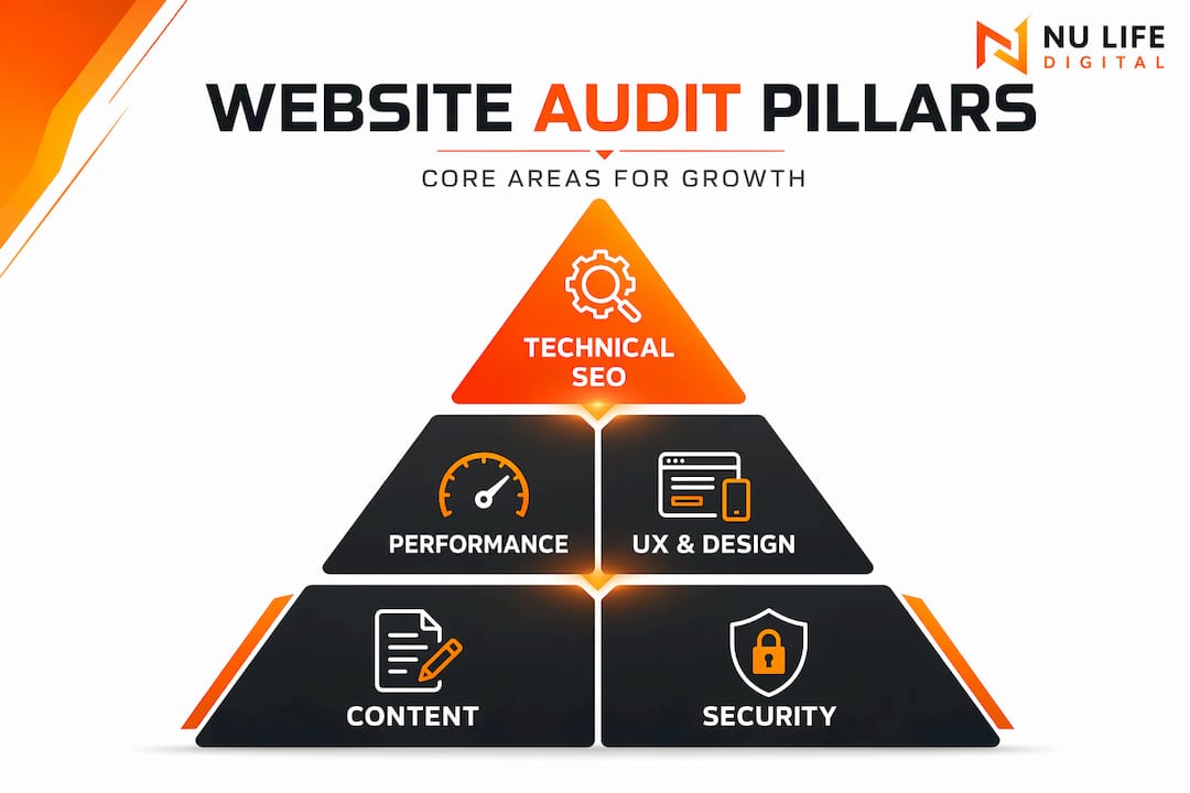 Infographic showing five website audit pillars
