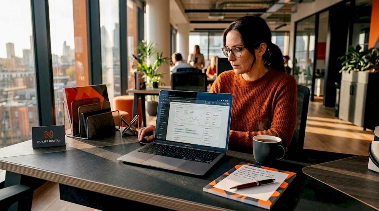 Businesswoman updating search marketing campaign